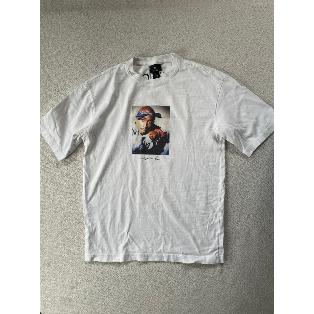 H&M Mens Extra Small T-Shirt White 2Pac Graphic Loose Fit Rap Tee West Coast